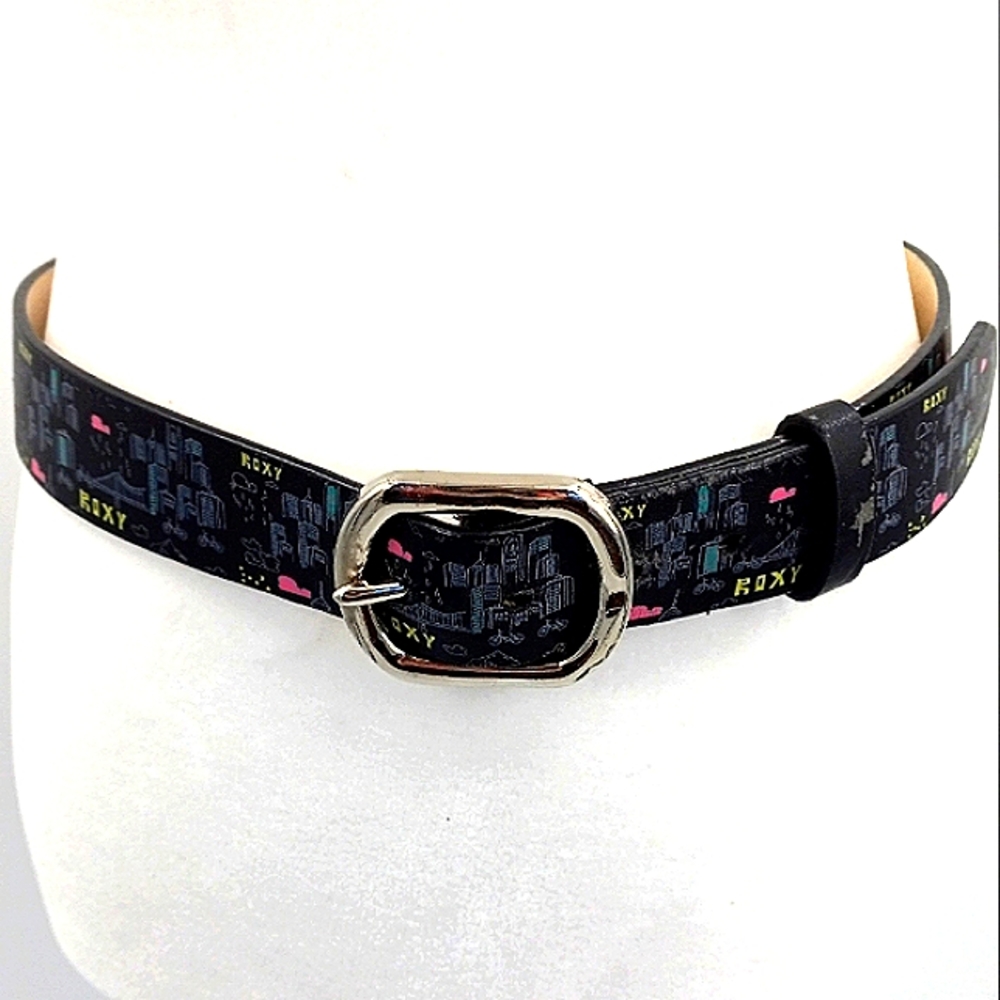 Roxy Belt Sz S Black Logo Skyscraper Cityscape Rain Graphic Faux Leather Skater
